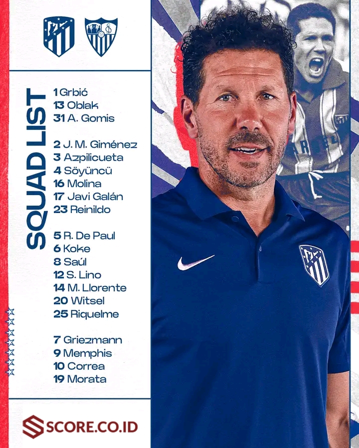 Cek Prediksi Skor Atletico Madrid vs Sevilla dan Link Live Streaming starting line.up atletico