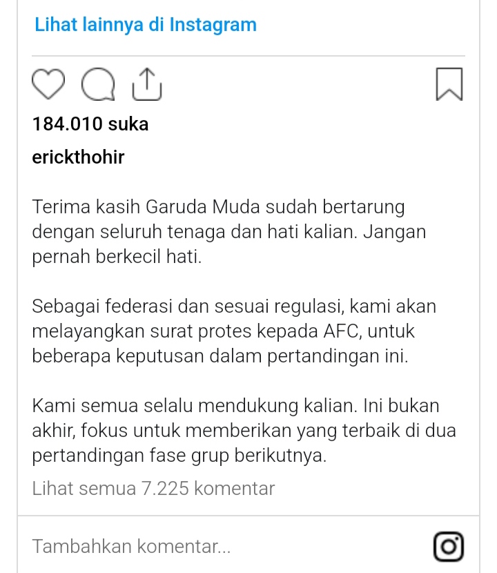 Alhamdulilah! PSSI Langsung Ngegas Layangkan Surat Protes ke AFC postingan instagram erick