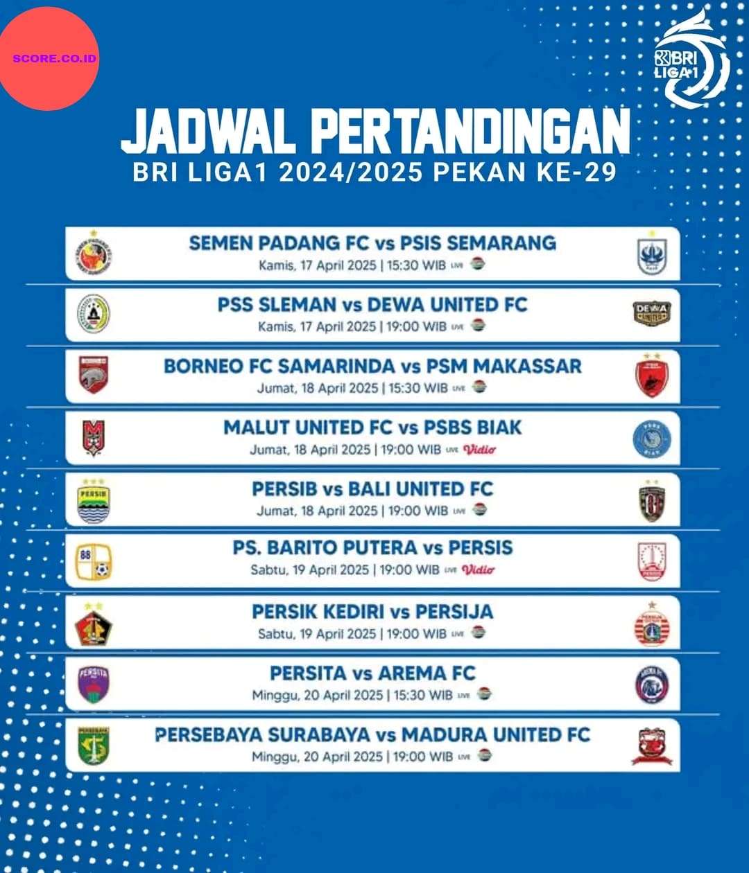 Jadwal Liga 1 Indonesia Pekan ke-29 tahun 2025