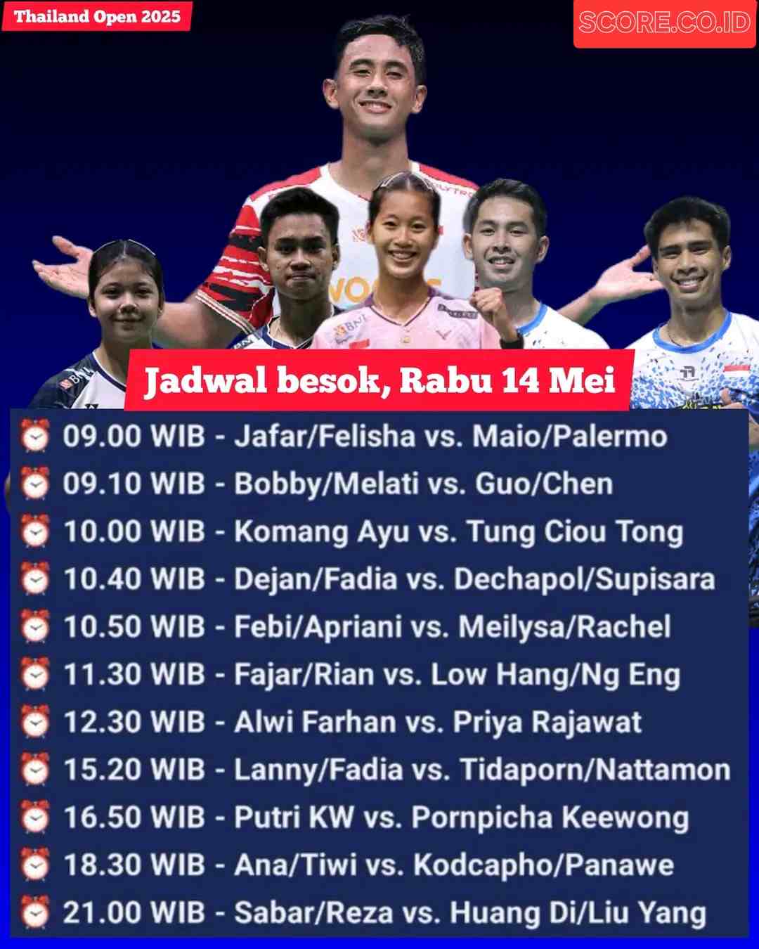 Jadwal Thailand Open 2025 Round 32, Rabu 14 Mei 2025