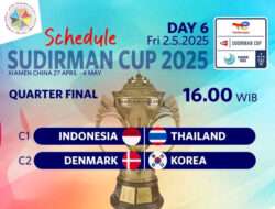 Line Up Perempat Final Piala Sudirman 2025, Indonesia vs Thailand dan Korsel vs Denmark