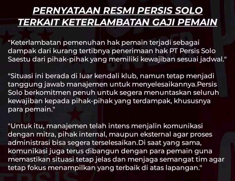 Manajemen Persis Solo Buka Suara Soal Nunggak Gaji