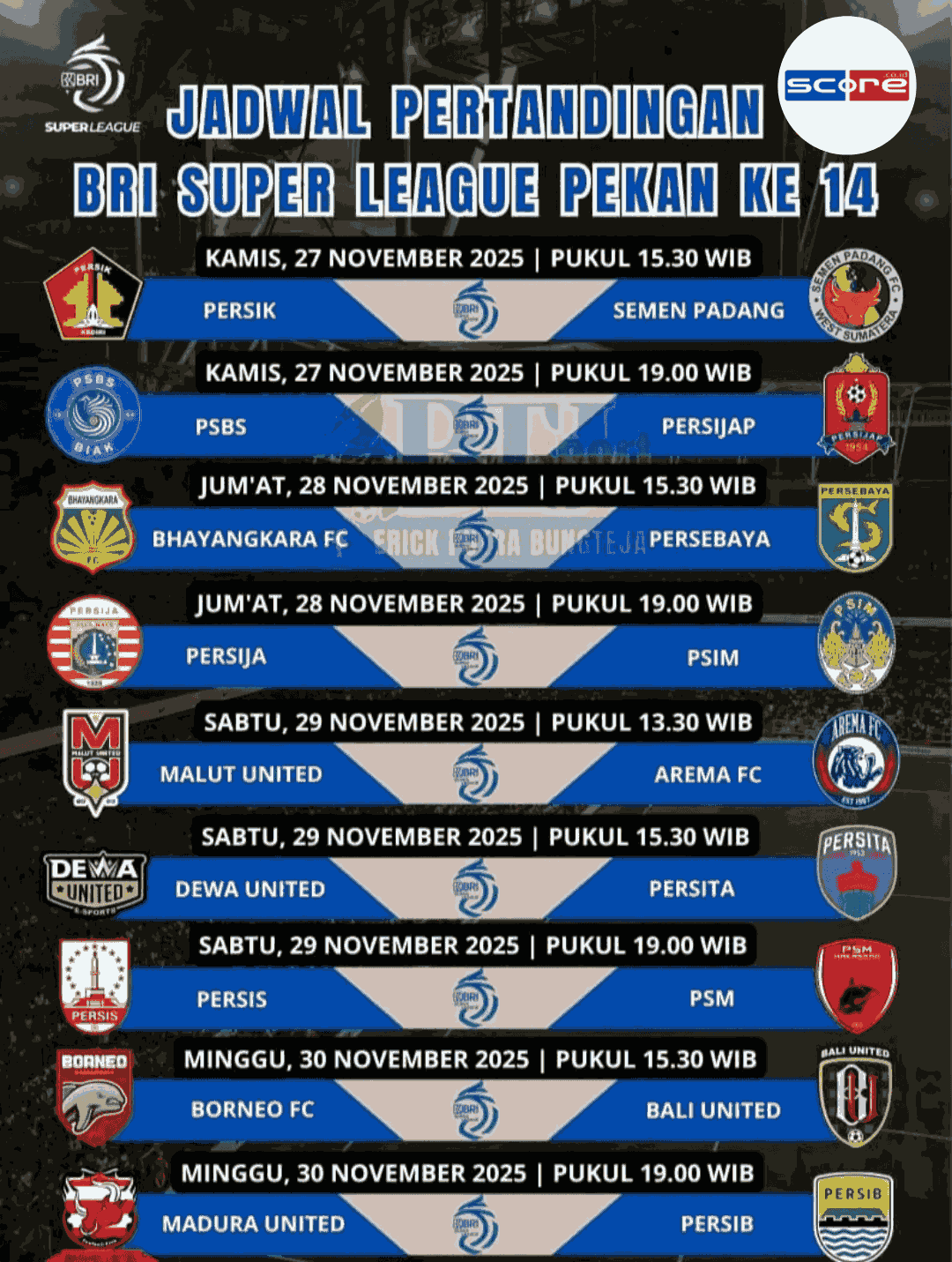 Jadwal Super League Pekan ke-14 Mulai dari 27 Hingga 29 November 2025